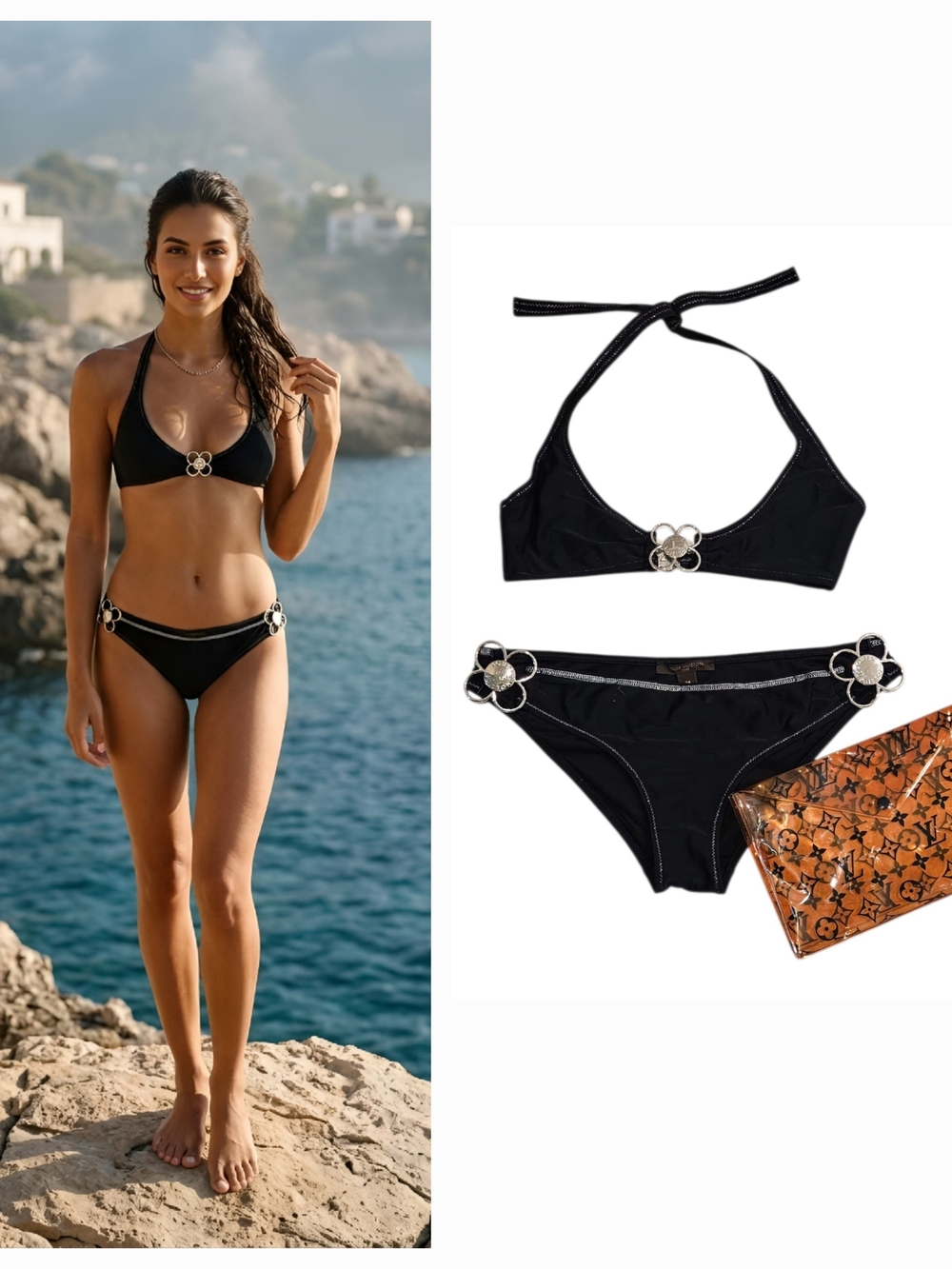Louis Vuitton Spring 2006 Black Floral Charm Bikini Size 38 Excellent Condition